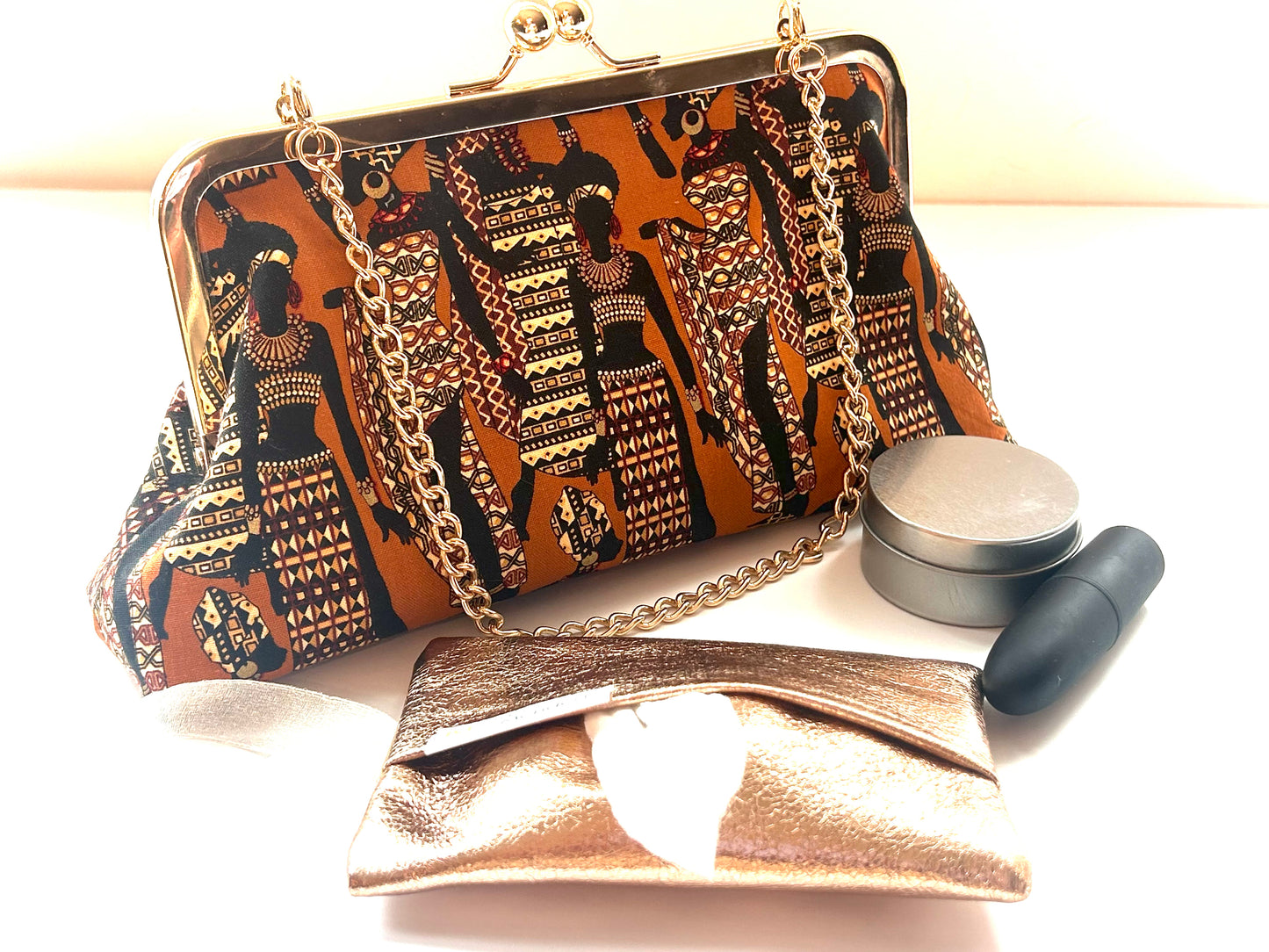 African Print Clutch Purse with Chain - Handmade Fabric Statement Bag